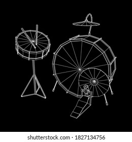 Musical instruments set. Rock band drum kit. Percussion musical instrument drums, stick and cymbal. Wireframe low poly mesh vector illustration.