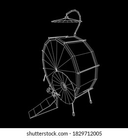 Musical instruments set. Rock band drum kit. Percussion musical instrument drums and cymbal. Wireframe low poly mesh vector illustration.