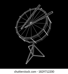 Musical instruments set. Rock band kit. Percussion musical instrument drum and stick. Wireframe low poly mesh vector illustration.