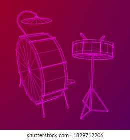 Musical instruments set. Rock band drum kit. Percussion musical instrument drums, stick and cymbal. Wireframe low poly mesh vector illustration.