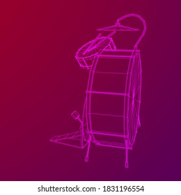 Musical instruments set. Rock band drum kit. Percussion musical instrument drums, stick and cymbal. Wireframe low poly mesh vector illustration.