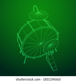 Musical instruments set. Rock band drum kit. Percussion musical instrument drums and cymbal. Wireframe low poly mesh vector illustration.