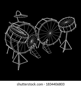 Musical instruments set. Rock band drum kit. Percussion musical instrument drums, stick and cymbal. Wireframe low poly mesh vector illustration.