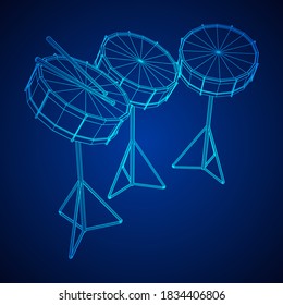 Musical instruments set. Rock band kit. Percussion musical instrument drum and stick. Wireframe low poly mesh vector illustration.