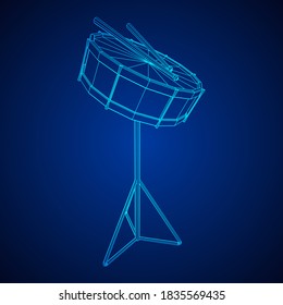 Musical instruments set. Rock band kit. Percussion musical instrument drum and stick. Wireframe low poly mesh vector illustration.