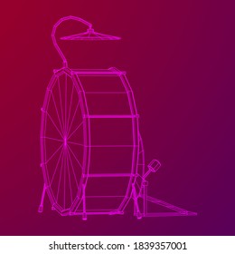 Musical instruments set. Rock band drum kit. Percussion musical instrument drums and cymbal. Wireframe low poly mesh vector illustration.