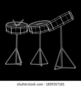 Musical instruments set. Rock band kit. Percussion musical instrument drum and stick. Wireframe low poly mesh vector illustration.