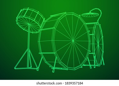 Musical instruments set. Rock band drum kit. Percussion musical instrument drums, stick and cymbal. Wireframe low poly mesh vector illustration.
