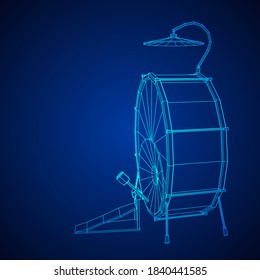 Musical instruments set. Rock band drum kit. Percussion musical instrument drums and cymbal. Wireframe low poly mesh vector illustration.