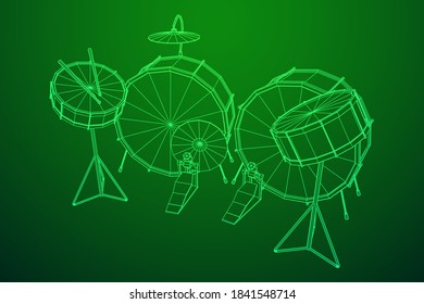 Musical instruments set. Rock band drum kit. Percussion musical instrument drums, stick and cymbal. Wireframe low poly mesh vector illustration.