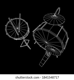 Musical instruments set. Rock band drum kit. Percussion musical instrument drums, stick and cymbal. Wireframe low poly mesh vector illustration.