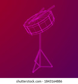 Musical instruments set. Rock band kit. Percussion musical instrument drum and stick. Wireframe low poly mesh vector illustration.