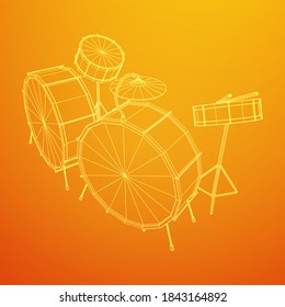 Musical instruments set. Rock band drum kit. Percussion musical instrument drums, stick and cymbal. Wireframe low poly mesh vector illustration.