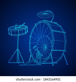 Musical instruments set. Rock band drum kit. Percussion musical instrument drums, stick and cymbal. Wireframe low poly mesh vector illustration.