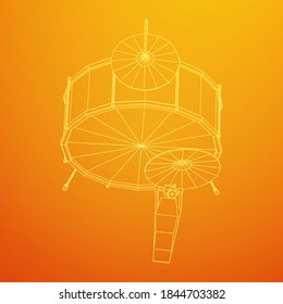 Musical instruments set. Rock band drum kit. Percussion musical instrument drums and cymbal. Wireframe low poly mesh vector illustration.