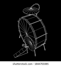 Musical instruments set. Rock band drum kit. Percussion musical instrument drums and cymbal. Wireframe low poly mesh vector illustration.