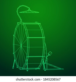 Musical instruments set. Rock band drum kit. Percussion musical instrument drums and cymbal. Wireframe low poly mesh vector illustration.