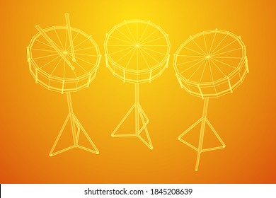 Musical instruments set. Rock band kit. Percussion musical instrument drum and stick. Wireframe low poly mesh vector illustration.