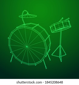 Musical instruments set. Rock band drum kit. Percussion musical instrument drums, stick and cymbal. Wireframe low poly mesh vector illustration.