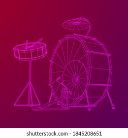 Musical instruments set. Rock band drum kit. Percussion musical instrument drums, stick and cymbal. Wireframe low poly mesh vector illustration.