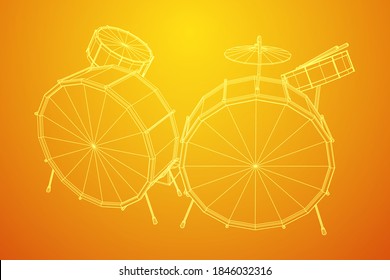 Musical instruments set. Rock band drum kit. Percussion musical instrument drums, stick and cymbal. Wireframe low poly mesh vector illustration.