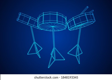 Musical instruments set. Rock band kit. Percussion musical instrument drum and stick. Wireframe low poly mesh vector illustration.