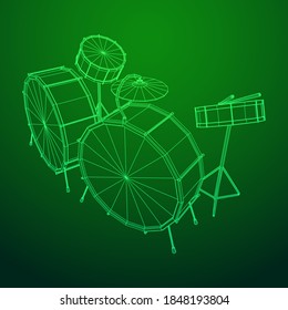 Musical instruments set. Rock band drum kit. Percussion musical instrument drums, stick and cymbal. Wireframe low poly mesh vector illustration.