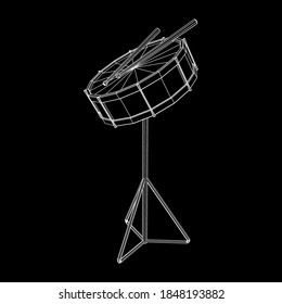 Musical instruments set. Rock band kit. Percussion musical instrument drum and stick. Wireframe low poly mesh vector illustration.