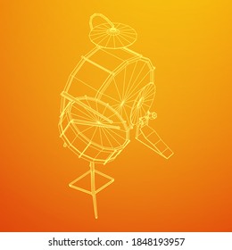 Musical instruments set. Rock band drum kit. Percussion musical instrument drums, stick and cymbal. Wireframe low poly mesh vector illustration.