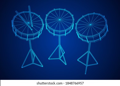 Musical instruments set. Rock band kit. Percussion musical instrument drum and stick. Wireframe low poly mesh vector illustration.