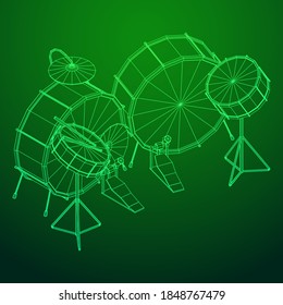 Musical instruments set. Rock band drum kit. Percussion musical instrument drums, stick and cymbal. Wireframe low poly mesh vector illustration.