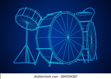 Musical instruments set. Rock band drum kit. Percussion musical instrument drums, stick and cymbal. Wireframe low poly mesh vector illustration.