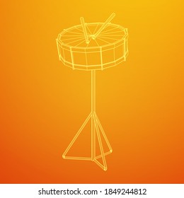 Musical instruments set. Rock band kit. Percussion musical instrument drum and stick. Wireframe low poly mesh vector illustration.