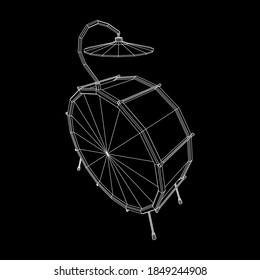 Musical instruments set. Rock band drum kit. Percussion musical instrument drums and cymbal. Wireframe low poly mesh vector illustration.