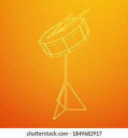 Musical instruments set. Rock band kit. Percussion musical instrument drum and stick. Wireframe low poly mesh vector illustration.