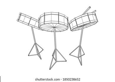 Musical instruments set. Rock band kit. Percussion musical instrument drum and stick. Wireframe low poly mesh vector illustration.