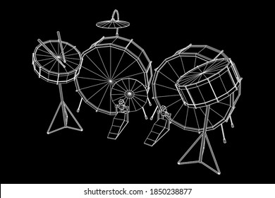 Musical instruments set. Rock band drum kit. Percussion musical instrument drums, stick and cymbal. Wireframe low poly mesh vector illustration.
