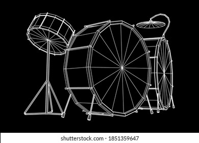 Musical instruments set. Rock band drum kit. Percussion musical instrument drums, stick and cymbal. Wireframe low poly mesh vector illustration.