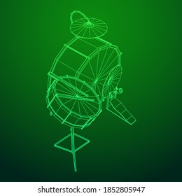 Musical instruments set. Rock band drum kit. Percussion musical instrument drums, stick and cymbal. Wireframe low poly mesh vector illustration.