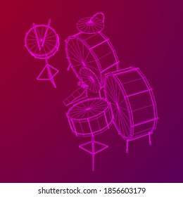 Musical instruments set. Rock band drum kit. Percussion musical instrument drums, stick and cymbal. Wireframe low poly mesh vector illustration.