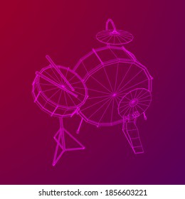 Musical instruments set. Rock band drum kit. Percussion musical instrument drums, stick and cymbal. Wireframe low poly mesh vector illustration.