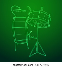 Musical instruments set. Rock band drum kit. Percussion musical instrument drums, stick and cymbal. Wireframe low poly mesh vector illustration.
