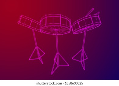 Musical instruments set. Rock band kit. Percussion musical instrument drum and stick. Wireframe low poly mesh vector illustration.