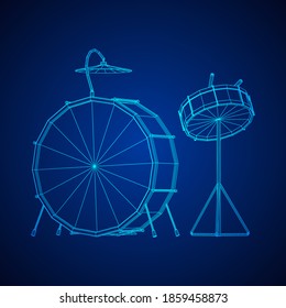 Musical instruments set. Rock band drum kit. Percussion musical instrument drums, stick and cymbal. Wireframe low poly mesh vector illustration.