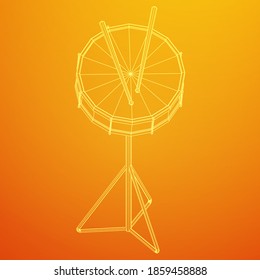 Musical instruments set. Rock band kit. Percussion musical instrument drum and stick. Wireframe low poly mesh vector illustration.