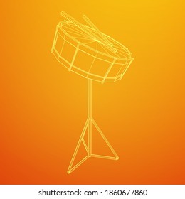 Musical instruments set. Rock band kit. Percussion musical instrument drum and stick. Wireframe low poly mesh vector illustration.