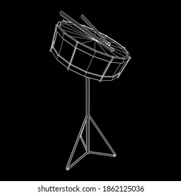 Musical instruments set. Rock band kit. Percussion musical instrument drum and stick. Wireframe low poly mesh vector illustration.
