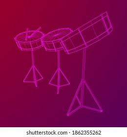 Musical instruments set. Rock band kit. Percussion musical instrument drum and stick. Wireframe low poly mesh vector illustration.