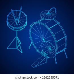 Musical instruments set. Rock band drum kit. Percussion musical instrument drums, stick and cymbal. Wireframe low poly mesh vector illustration.