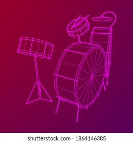 Musical instruments set. Rock band drum kit. Percussion musical instrument drums, stick and cymbal. Wireframe low poly mesh vector illustration.